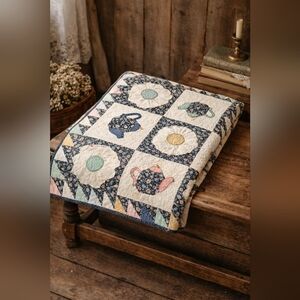 Vintage Patchwork Quilt Throw • Teapot & Floral • Cottagecore • Handmade